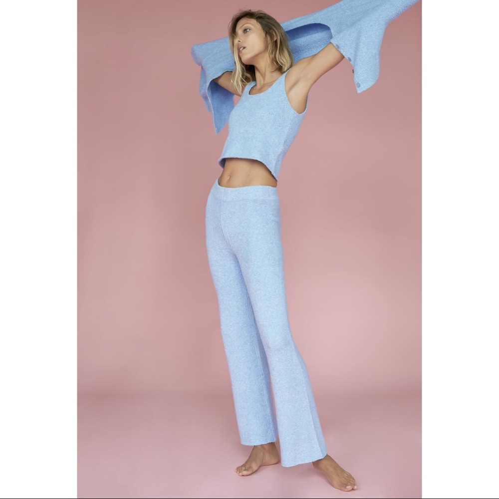 ZARA Wool High Waisted Wide Leg Textured Knit Pull On Trouser Lounge Pants Blue